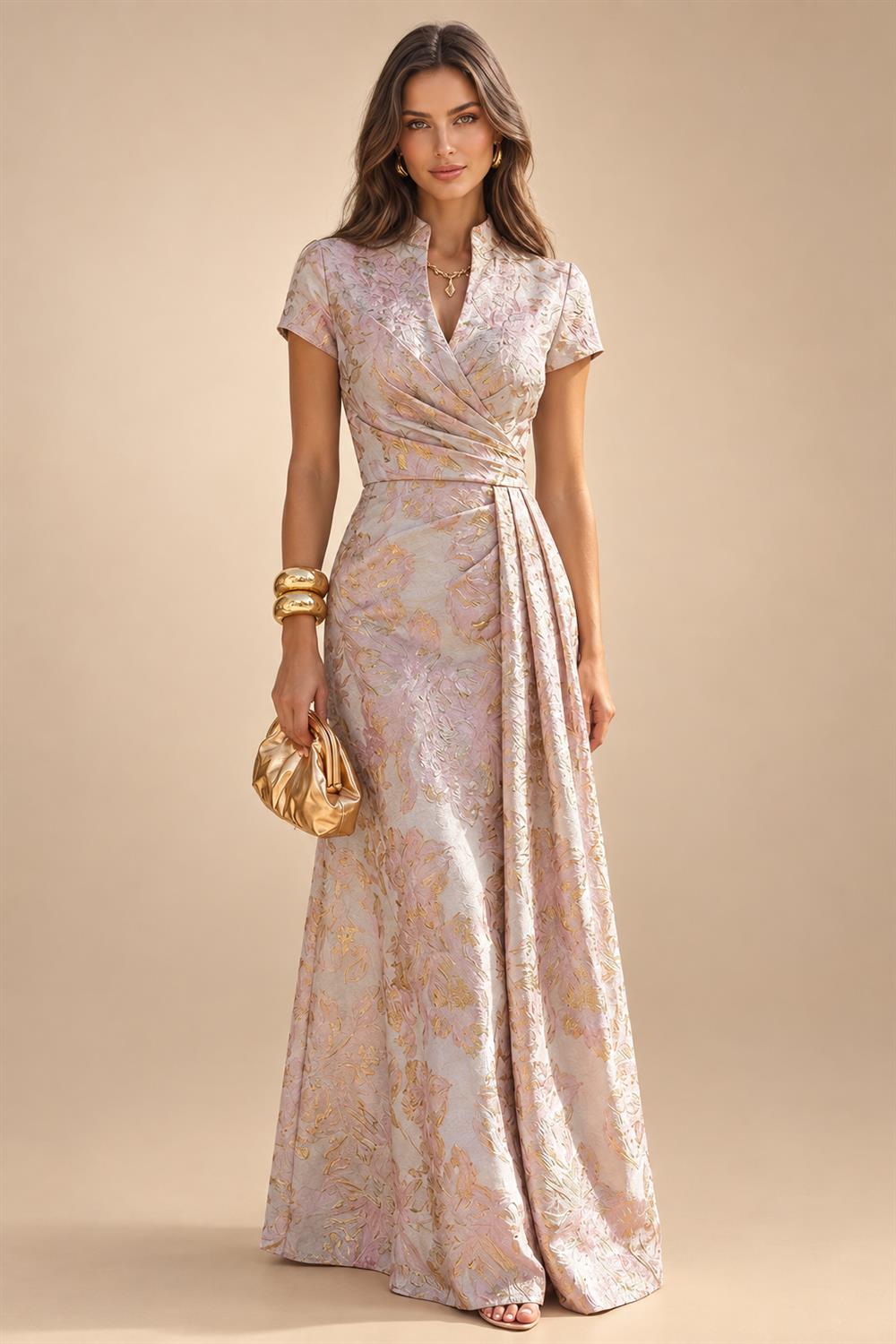 A Line V Neck Short Sleeve Chiffon Ruched Mother of the Bride Dresses with Sequin Embroidery (SHI22500231)