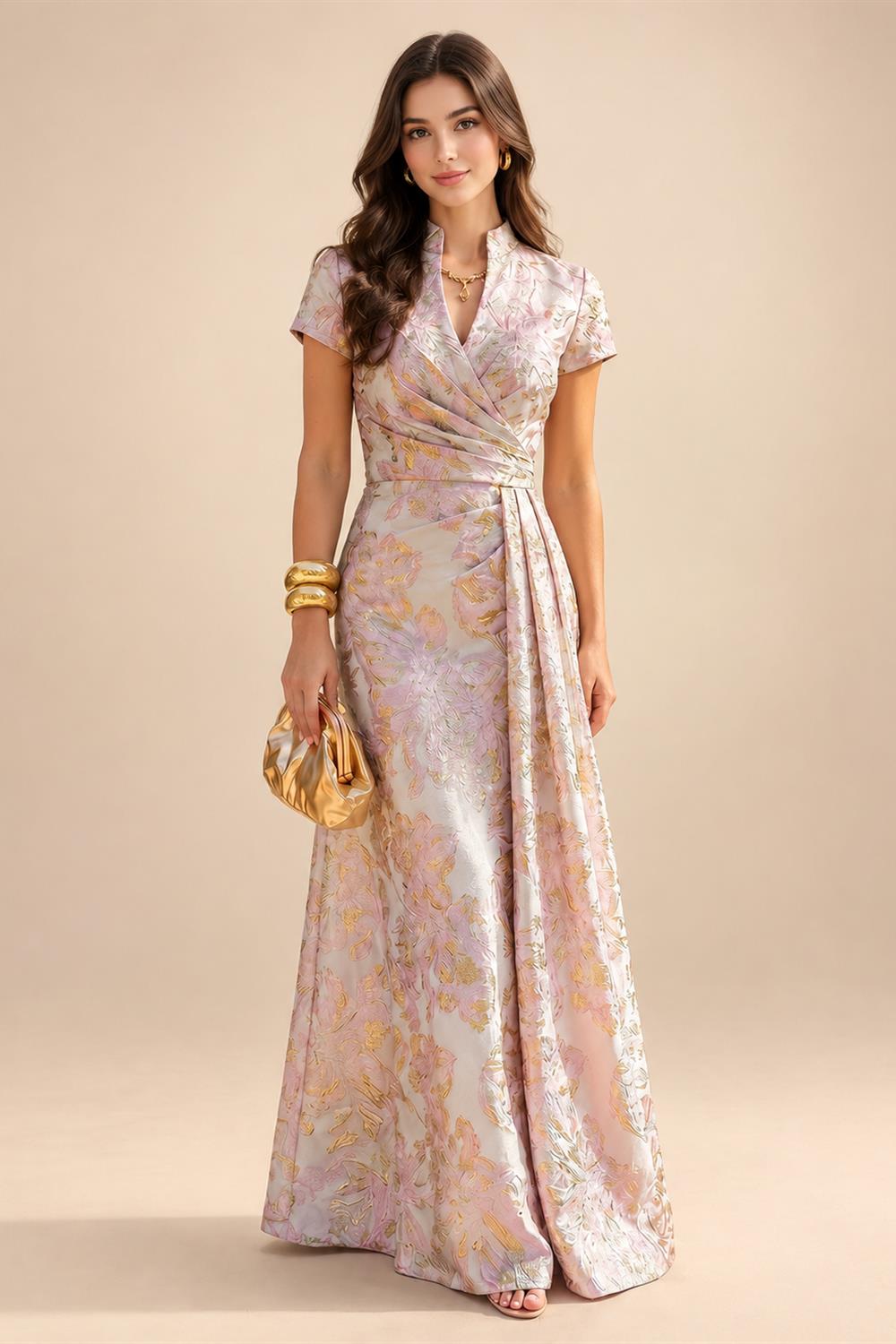 A-Line Chiffon V-Neck Short Sleeve Mother of the Bride Dresses Floor-Length with Sequin Appliques (SHI22500297)
