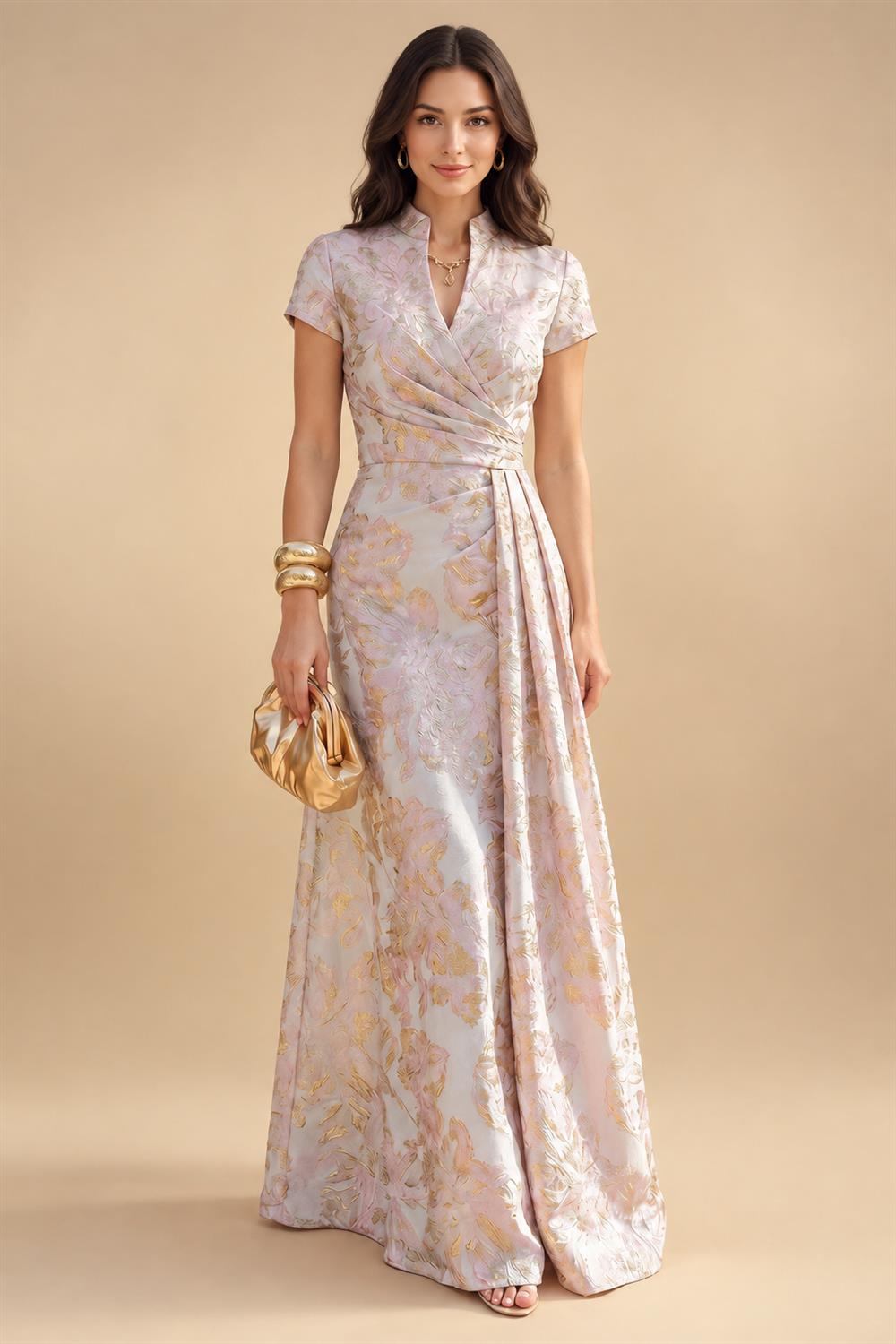 Jacquard A-Line/Princess V-Neck Floor-Length Mother of the Bride & Groom Dresses with Belt (SHI22500943)