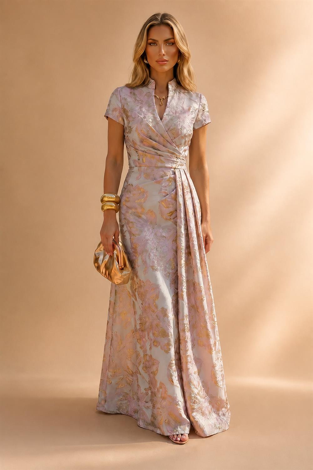 Jacquard Sheath/Column V-Neck Tea-Length Mother of the Bride & Groom Dresses for Women (SHI22501292)
