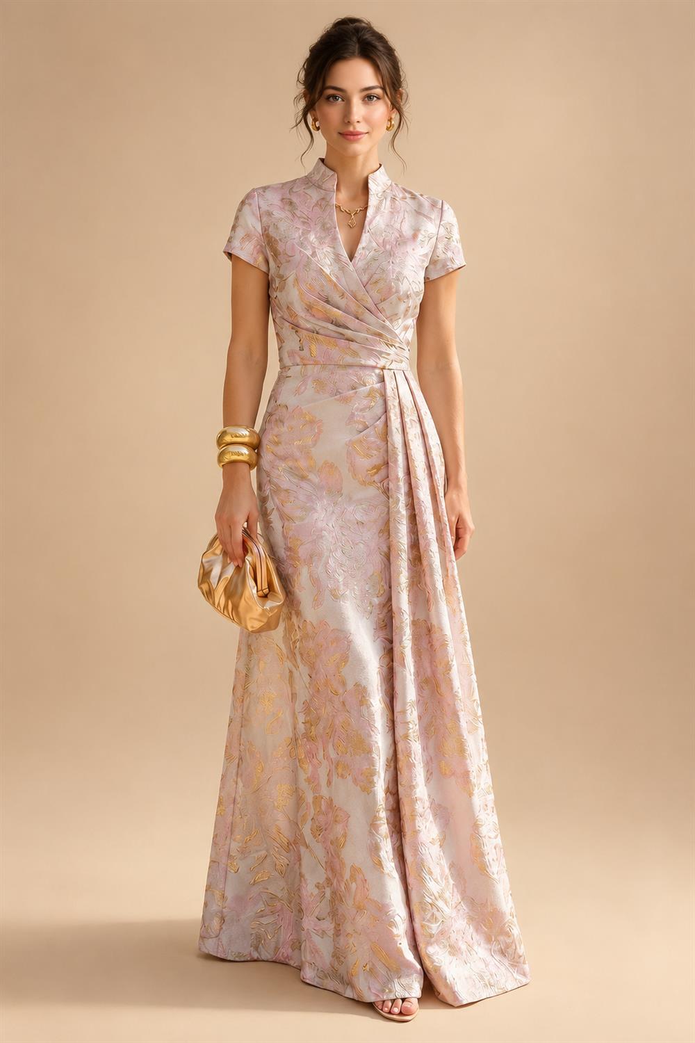 A-Line/Princess Scoop Neck Jacquard Floor-Length Mother of the Bride & Groom Dresses with Ruched Waist (SHI22501615)