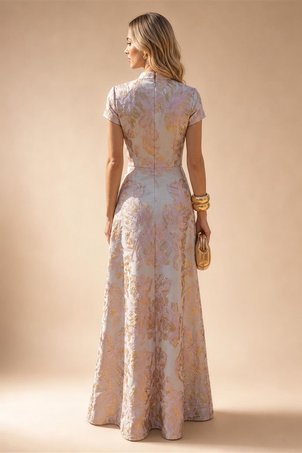 A-Line Satin V-Neck 3/4 Sleeve Mother of the Bride Dresses Floor-Length Ball Gown with Applique (SHI22500294)