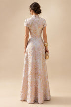 A-Line Floral Jacquard Floor-Length Mother of the Bride & Groom Dresses with V-Neck, Cap Sleeves (SHI22500480)