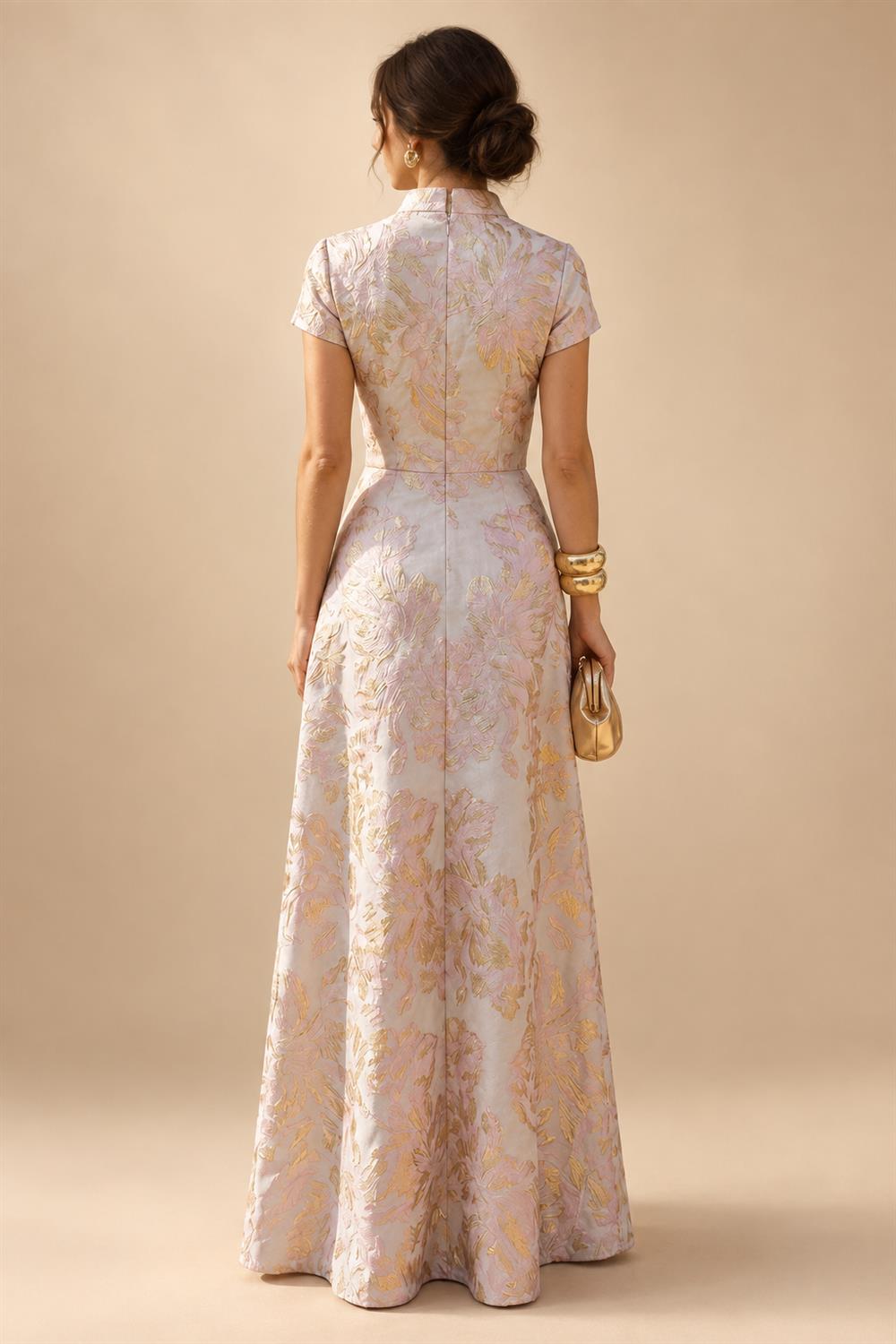 Jacquard A-Line/Princess V-Neck Tea-Length Mother of the Bride & Groom Dresses with Ruched Waist (SHI22501056)