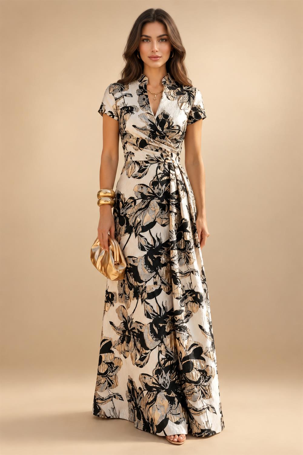 Jacquard Sheath/Column V-Neck Floor-Length Mother of the Bride & Groom Dresses with Ruched Waist (SHI22501057)