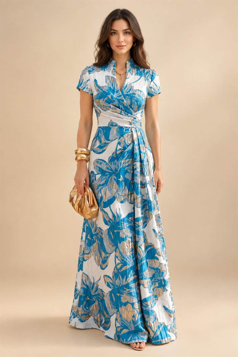 Jacquard Sheath/Column V-Neck Floor-Length Mother of the Bride & Groom Dresses with Ruched Waist (SHI22501057)