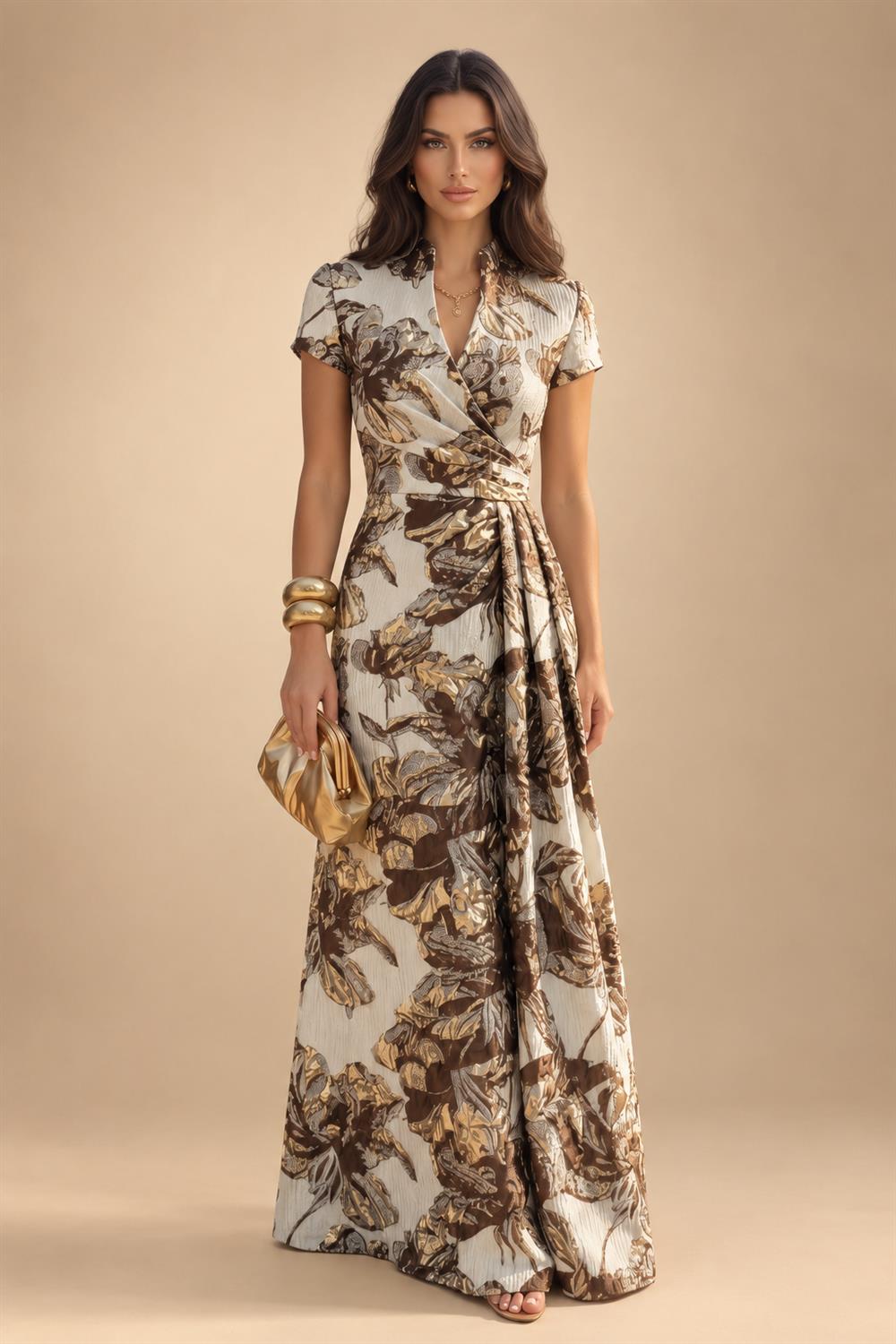Jacquard Sheath/Column V-Neck Floor-Length Mother of the Bride & Groom Dresses with Ruched Waist (SHI22501057)