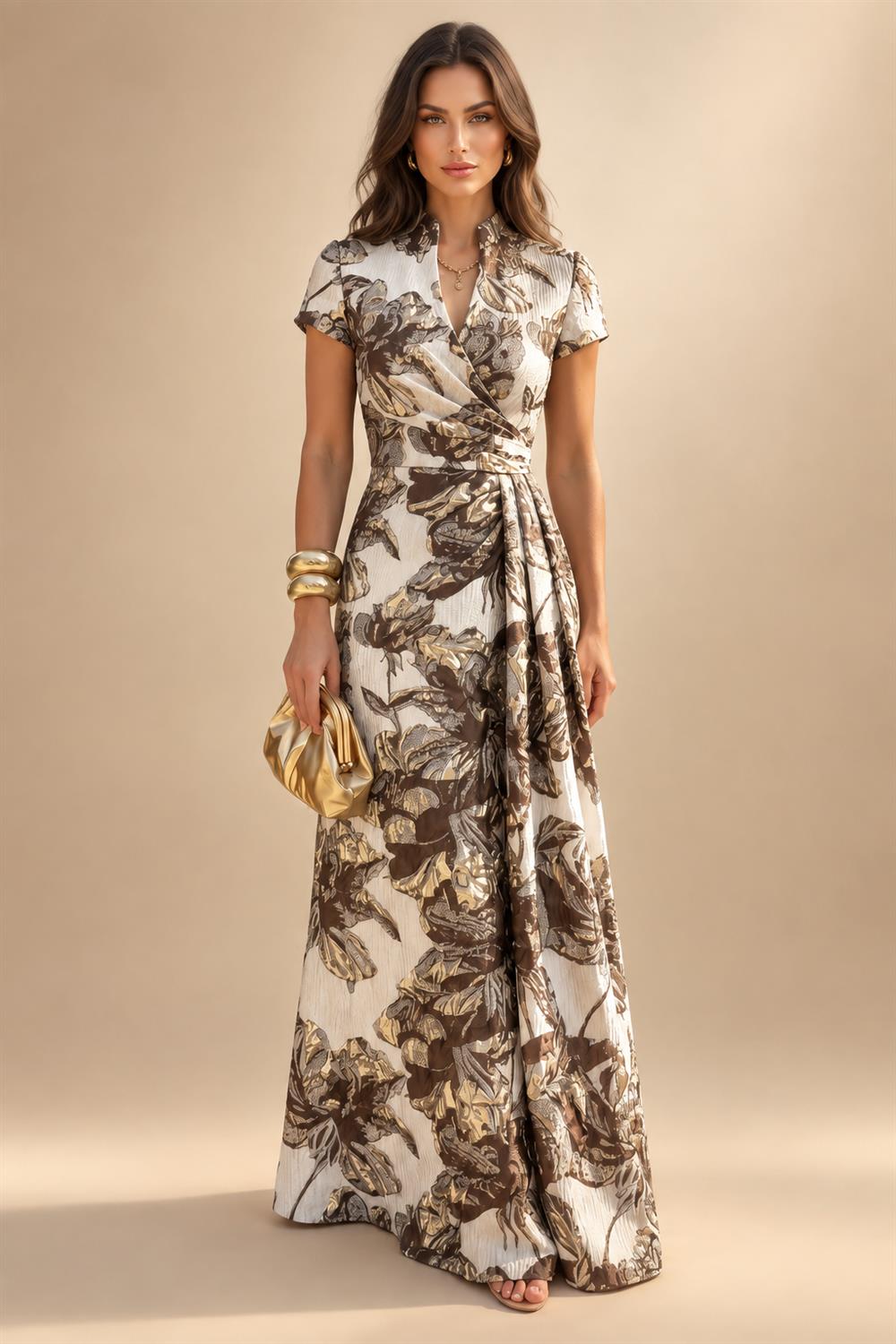 Jacquard Sheath/Column V-Neck Floor-Length Mother of the Bride & Groom Dresses with Ruched Waist (SHI22501057)