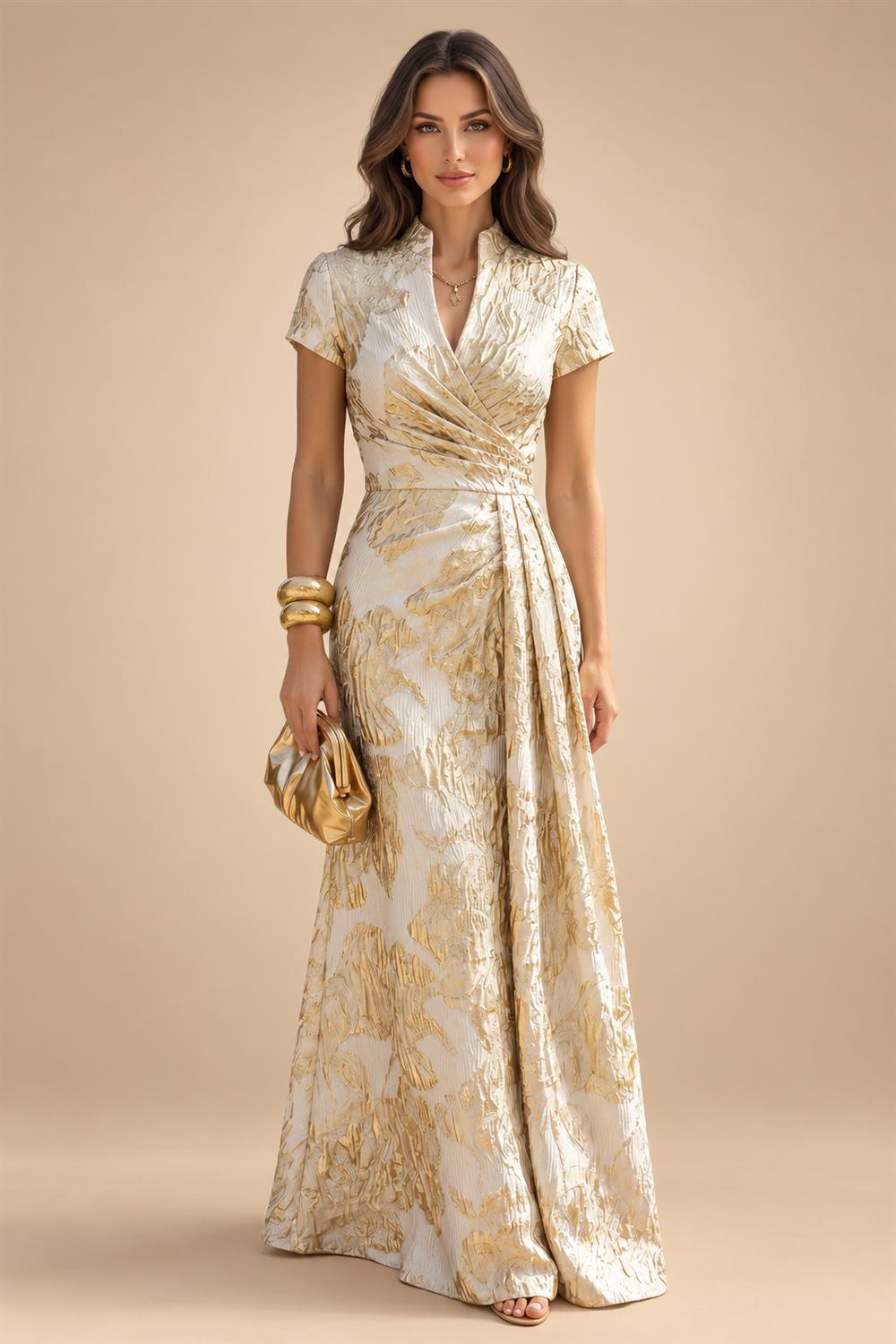 Jacquard Sheath/Column V-Neck Floor-Length Mother of the Bride & Groom Dresses with Ruched Waist (SHI22501057)