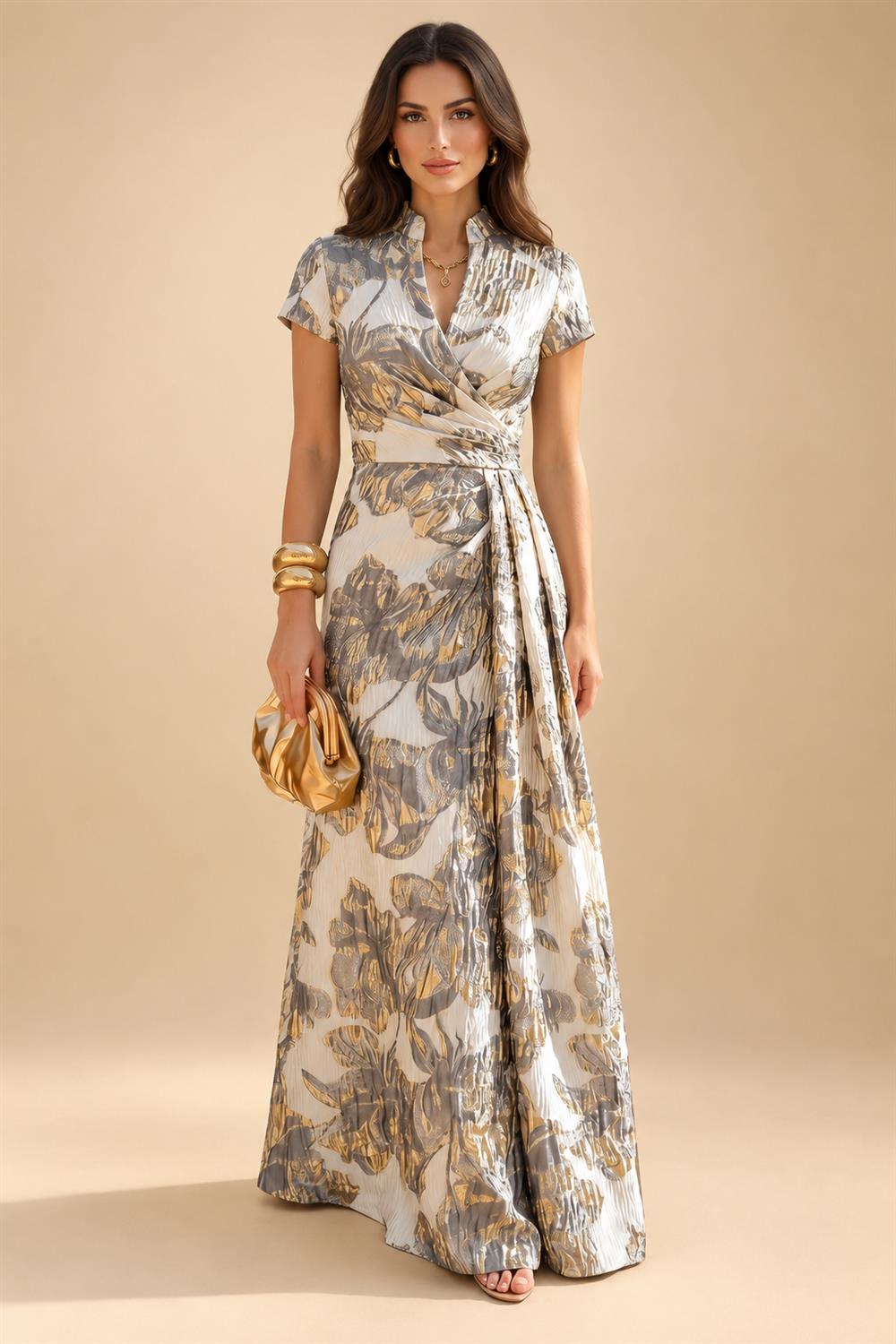 Jacquard Sheath/Column V-Neck Floor-Length Mother of the Bride & Groom Dresses with Ruched Waist (SHI22501057)