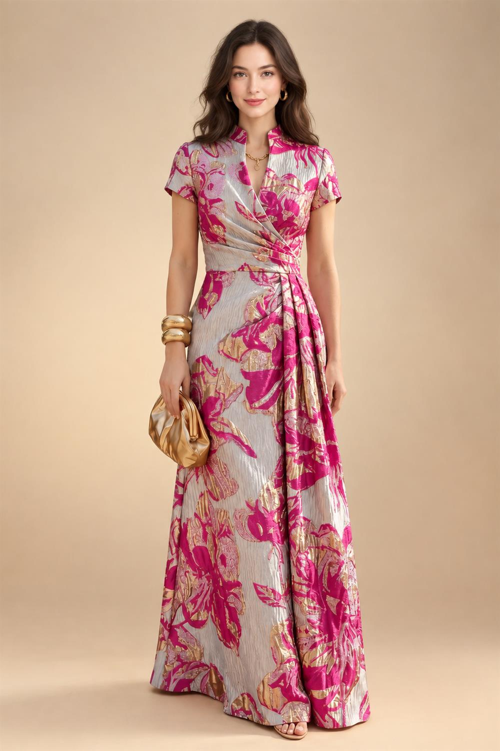 Jacquard Sheath/Column V-Neck Floor-Length Mother of the Bride & Groom Dresses with Ruched Waist (SHI22501057)