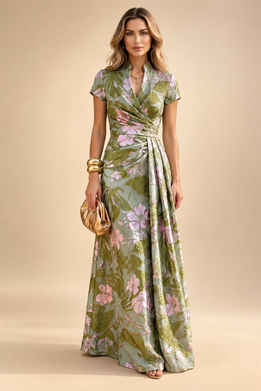 Jacquard Sheath/Column V-Neck Floor-Length Mother of the Bride & Groom Dresses with Ruched Waist (SHI22501057)