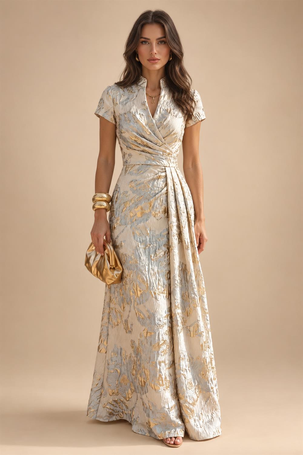 Jacquard Sheath/Column V-Neck Floor-Length Mother of the Bride & Groom Dresses with Ruched Waist (SHI22501057)