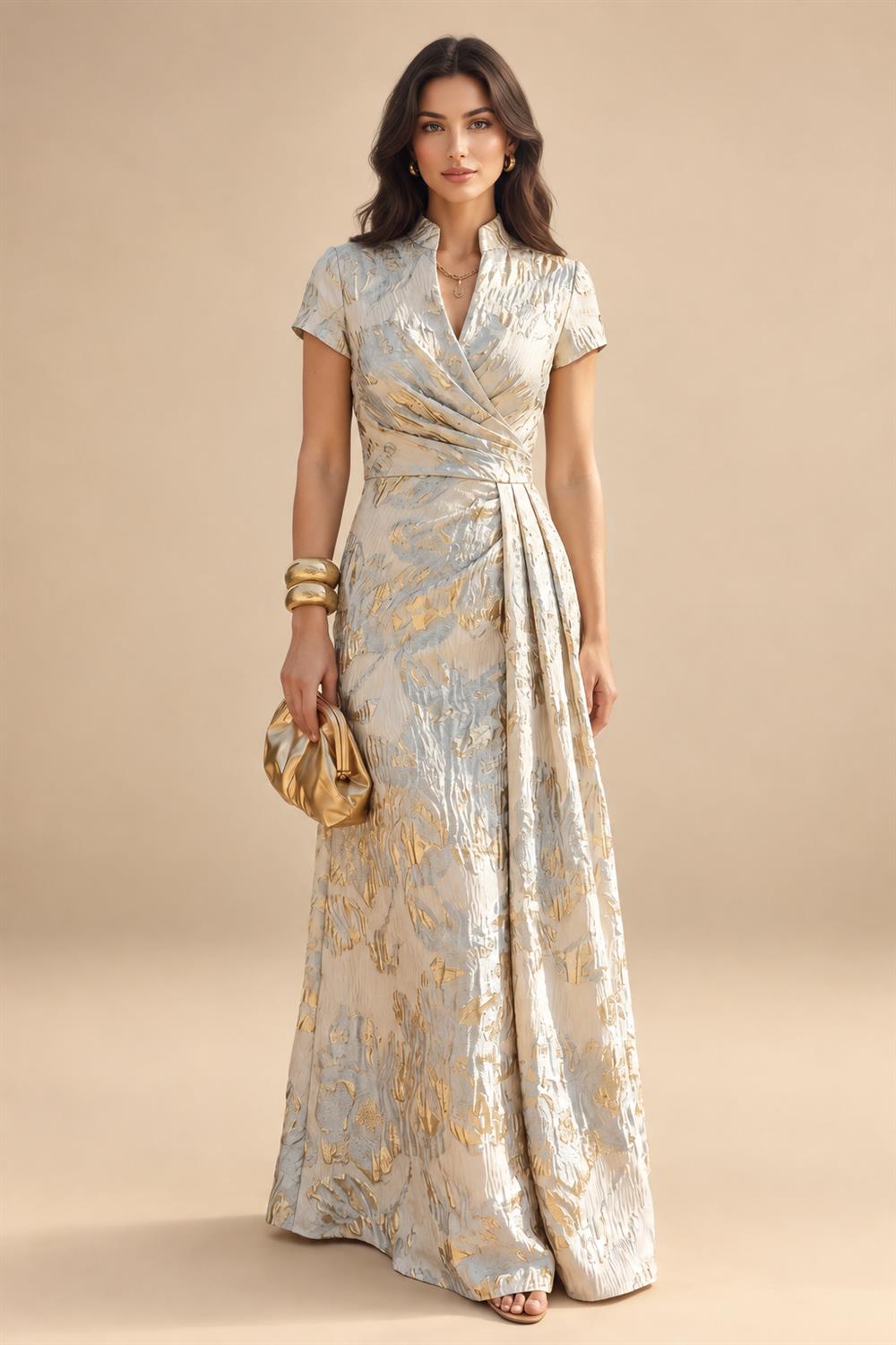 Jacquard Sheath/Column V-Neck Floor-Length Mother of the Bride & Groom Dresses with Ruched Waist (SHI22501057)