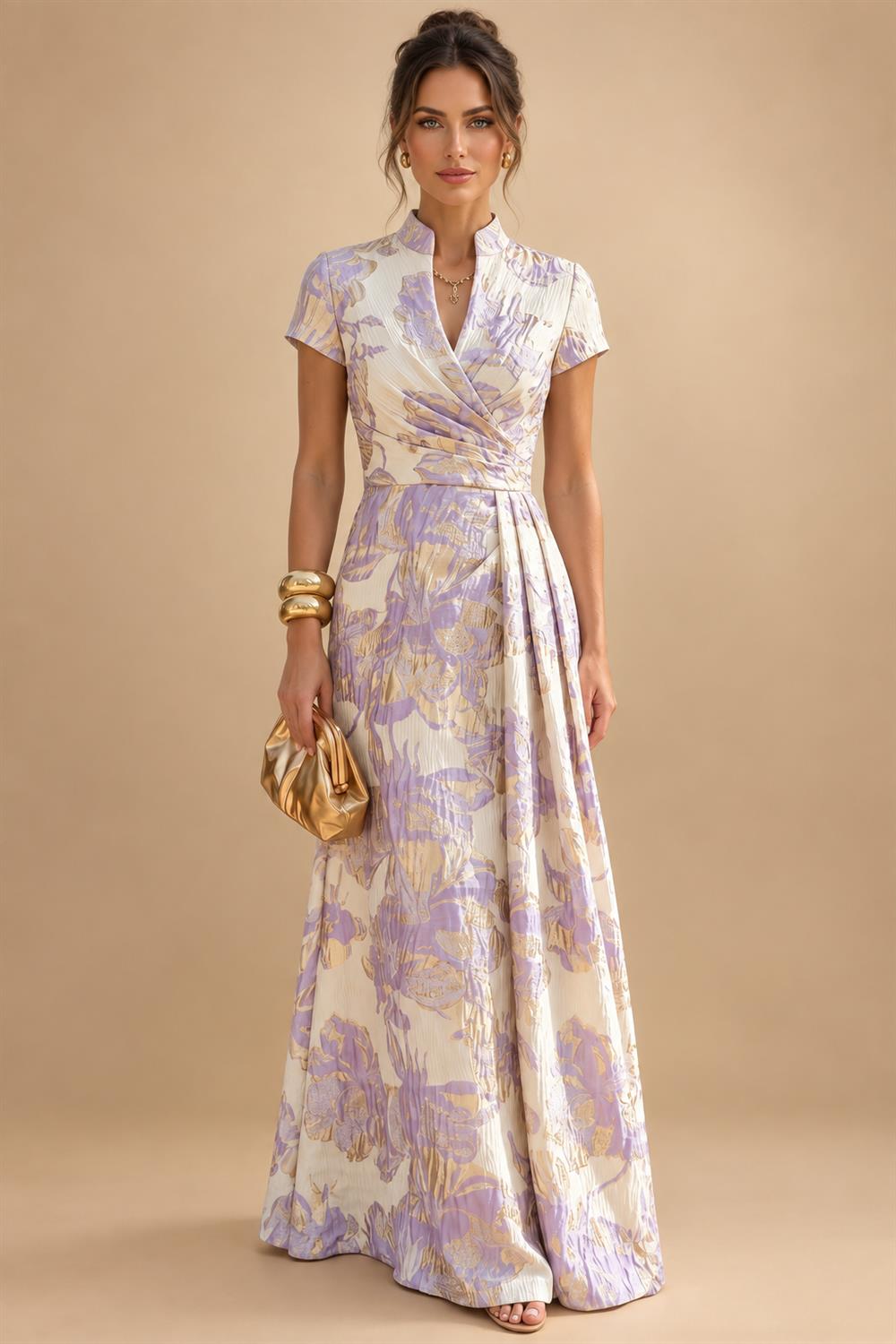 Jacquard Sheath/Column V-Neck Floor-Length Mother of the Bride & Groom Dresses with Ruched Waist (SHI22501057)