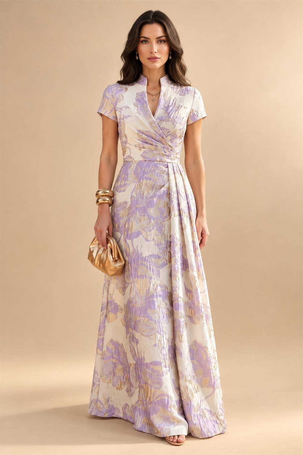 Jacquard Sheath/Column V-Neck Floor-Length Mother of the Bride & Groom Dresses with Ruched Waist (SHI22501057)