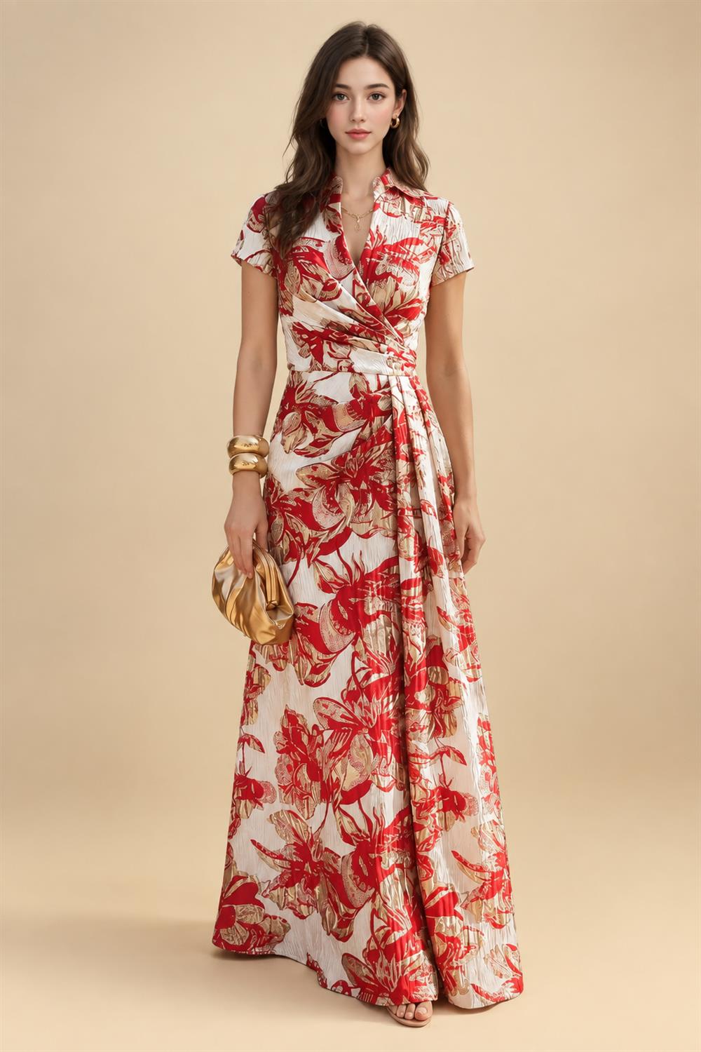 Jacquard Sheath/Column V-Neck Floor-Length Mother of the Bride & Groom Dresses with Ruched Waist (SHI22501057)