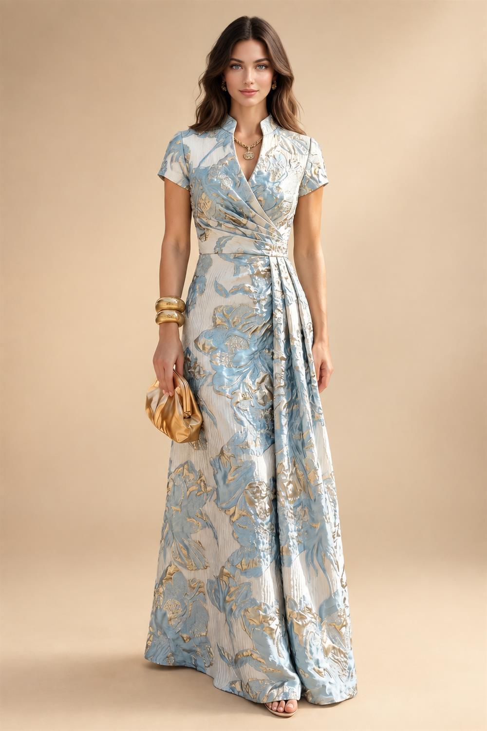 Jacquard Sheath/Column V-Neck Floor-Length Mother of the Bride & Groom Dresses with Ruched Waist (SHI22501057)