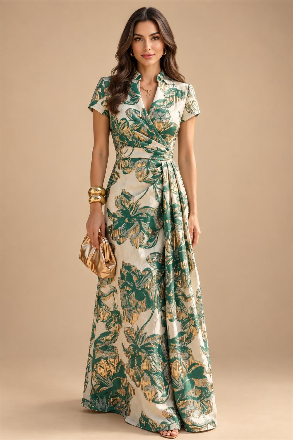 Jacquard Sheath/Column V-Neck Floor-Length Mother of the Bride & Groom Dresses with Ruched Waist (SHI22501057)