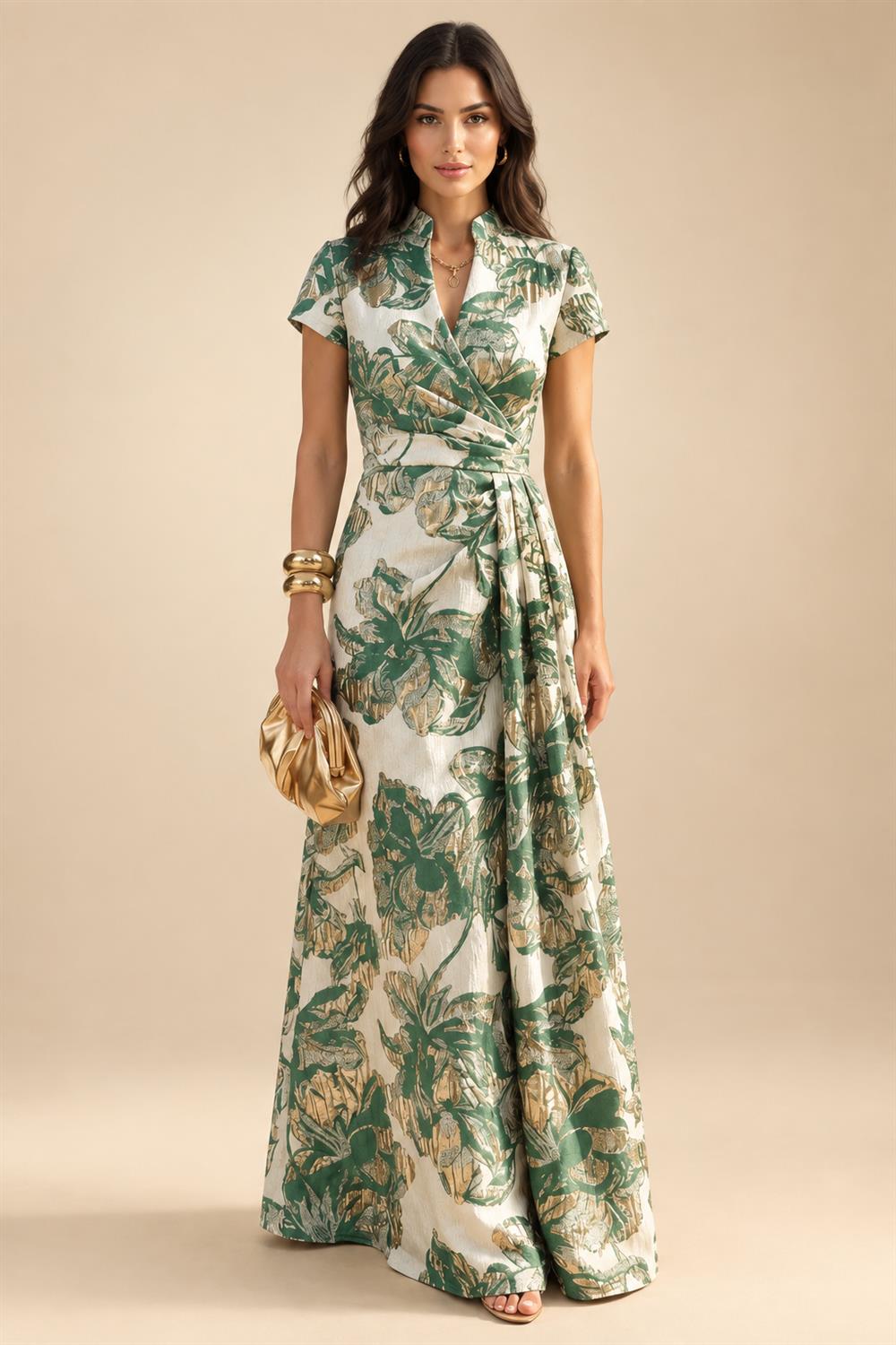 Jacquard Sheath/Column V-Neck Floor-Length Mother of the Bride & Groom Dresses with Ruched Waist (SHI22501057)