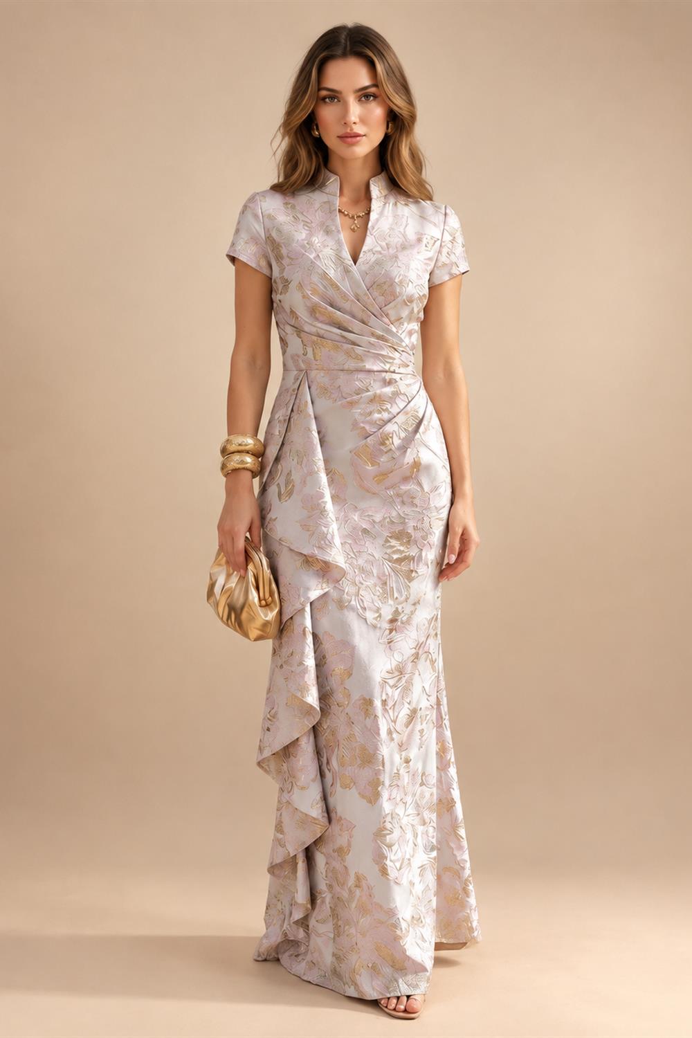 Jacquard Sheath/Column V-Neck Floor-Length Mother of the Bride & Groom Dresses with Ruffles & Ruched Waist (SHI22501058)