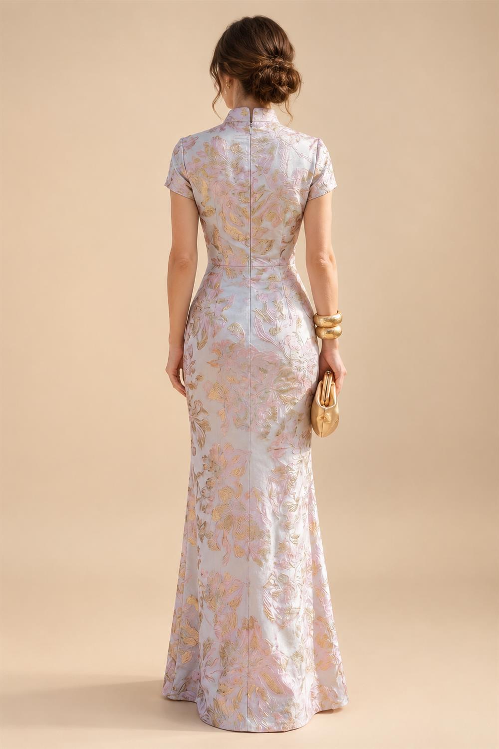 Jacquard Sheath/Column V-Neck Floor-Length Mother of the Bride & Groom Dresses with Ruffles & Ruched Waist (SHI22501058)