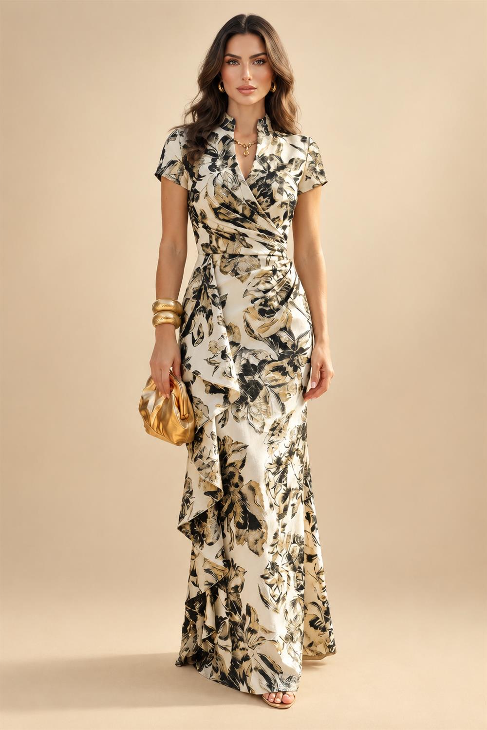 Jacquard Sheath/Column V-Neck Floor-Length Mother of the Bride & Groom Dresses with Ruffles & Ruched Waist (SHI22501058)
