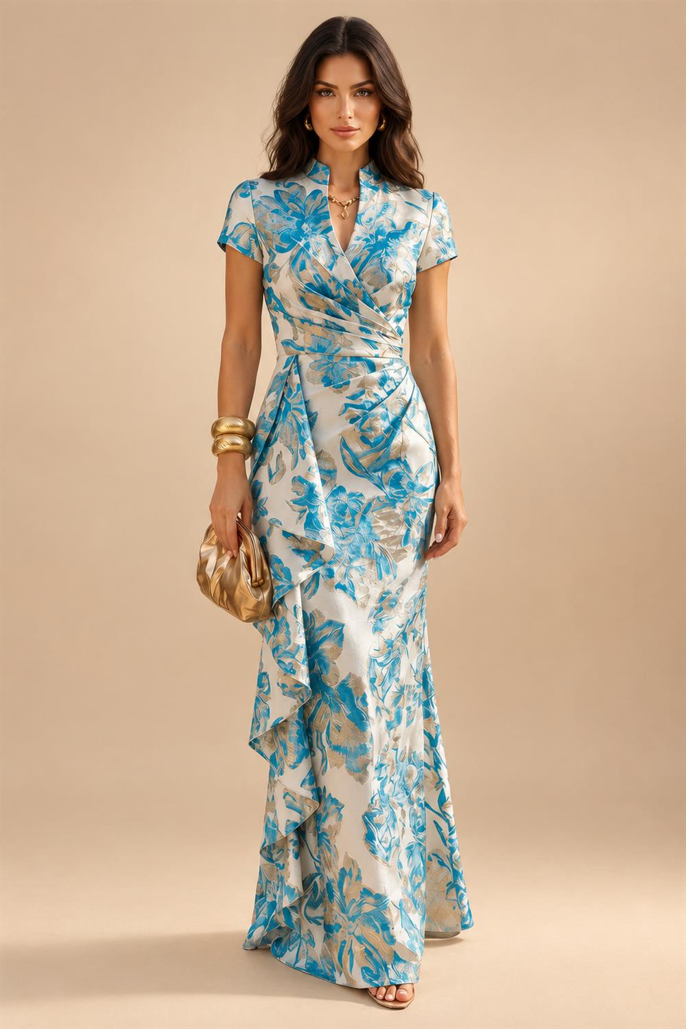 Jacquard Sheath/Column V-Neck Floor-Length Mother of the Bride & Groom Dresses with Ruffles & Ruched Waist (SHI22501058)