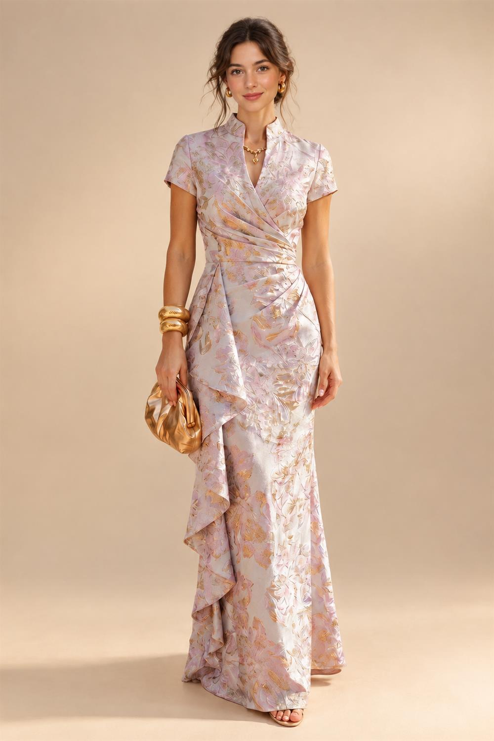 Jacquard Sheath/Column V-Neck Floor-Length Mother of the Bride & Groom Dresses with Ruffles & Ruched Waist (SHI22501058)