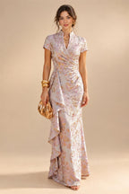 Jacquard Sheath/Column V-Neck Floor-Length Mother of the Bride & Groom Dresses with Ruffles & Ruched Waist (SHI22501058)