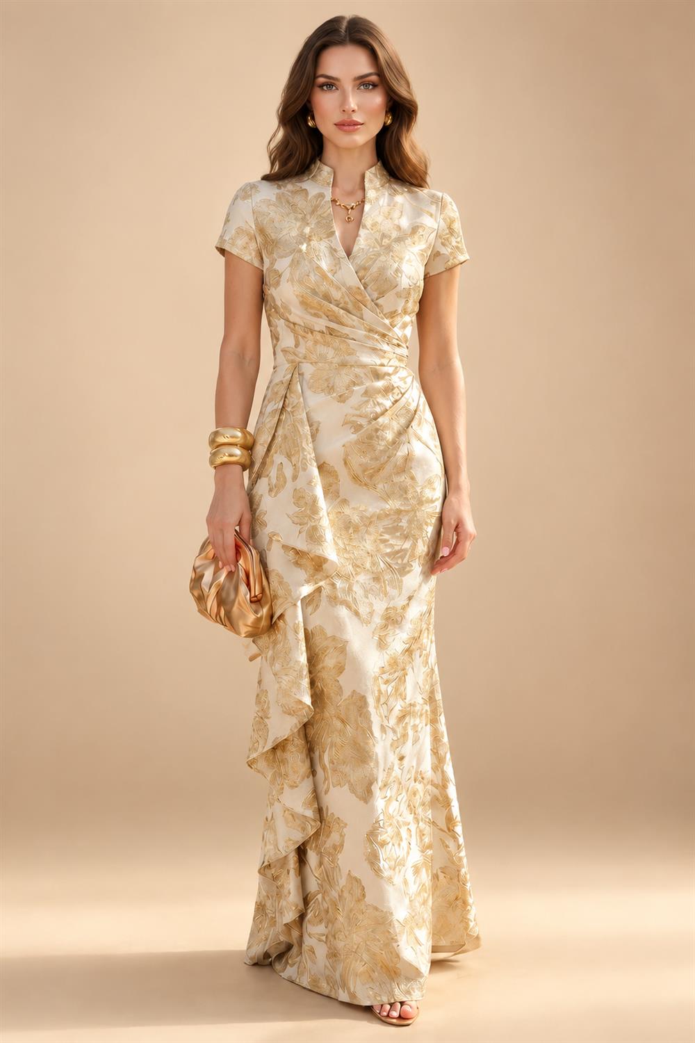 Jacquard Sheath/Column V-Neck Floor-Length Mother of the Bride & Groom Dresses with Ruffles & Ruched Waist (SHI22501058)