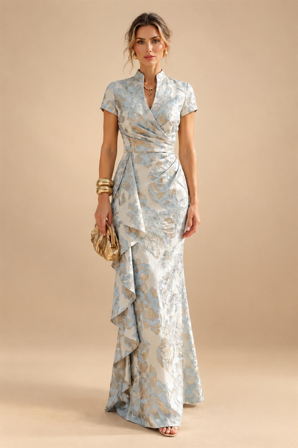 Jacquard Sheath/Column V-Neck Floor-Length Mother of the Bride & Groom Dresses with Ruffles & Ruched Waist (SHI22501058)