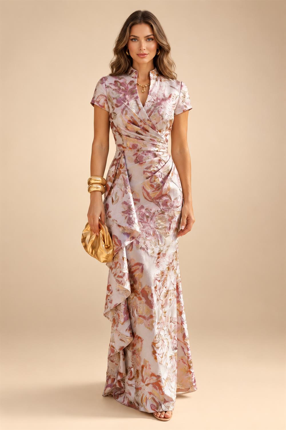 Jacquard Sheath/Column V-Neck Floor-Length Mother of the Bride & Groom Dresses with Ruffles & Ruched Waist (SHI22501058)