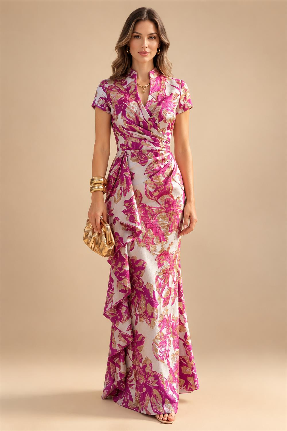 Jacquard Sheath/Column V-Neck Floor-Length Mother of the Bride & Groom Dresses with Ruffles & Ruched Waist (SHI22501058)