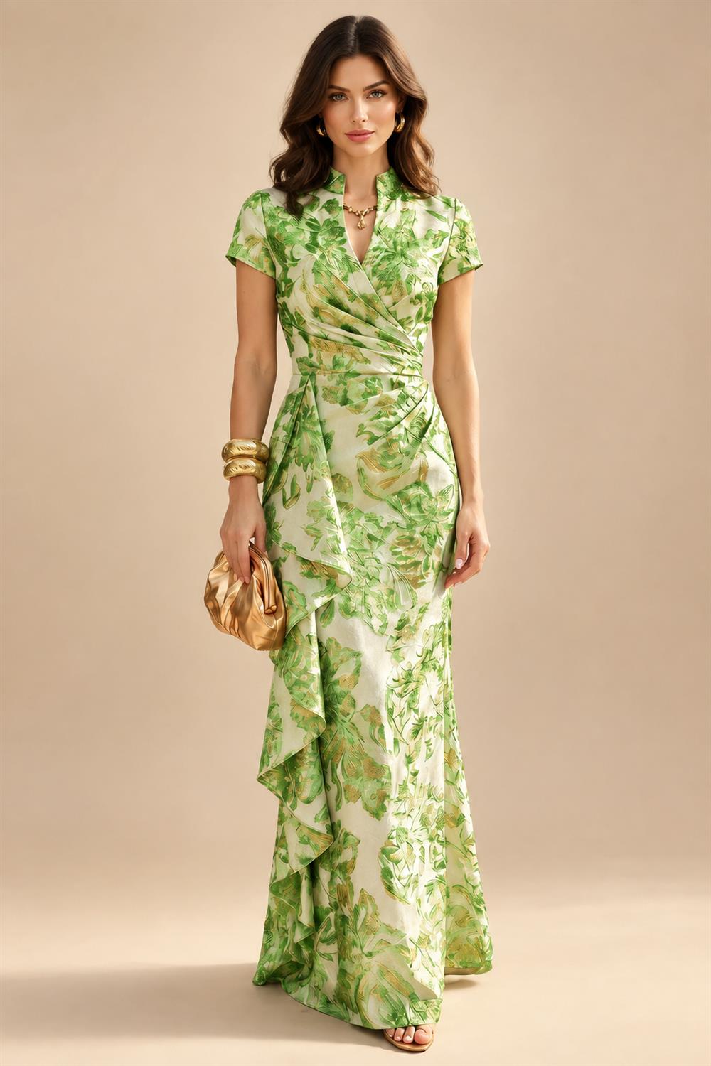 Jacquard Sheath/Column V-Neck Floor-Length Mother of the Bride & Groom Dresses with Ruffles & Ruched Waist (SHI22501058)