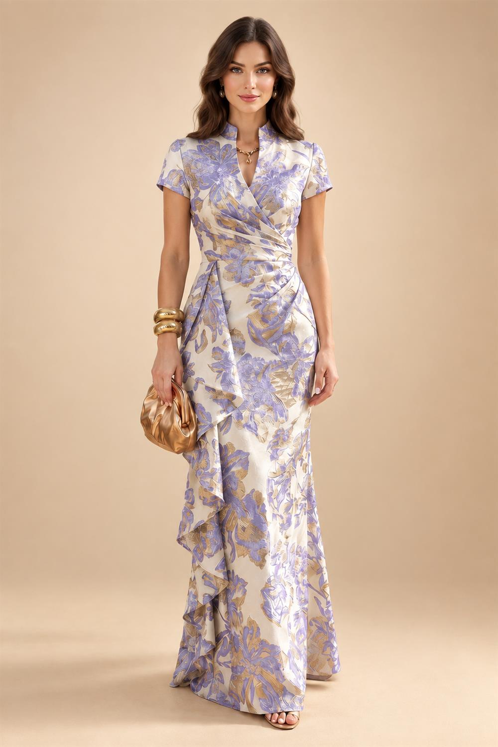 Jacquard Sheath/Column V-Neck Floor-Length Mother of the Bride & Groom Dresses with Ruffles & Ruched Waist (SHI22501058)