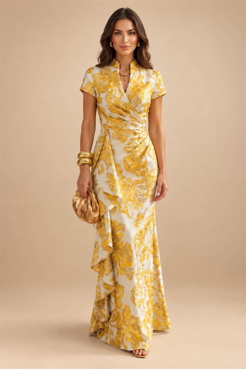 Jacquard Sheath/Column V-Neck Floor-Length Mother of the Bride & Groom Dresses with Ruffles & Ruched Waist (SHI22501058)