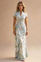 Jacquard Sheath/Column V-Neck Floor-Length Mother of the Bride & Groom Dresses with Ruffles & Ruched Waist (SHI22501058)