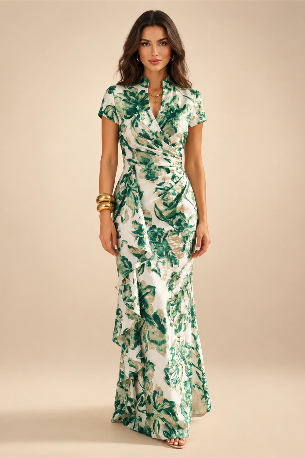 Jacquard Sheath/Column V-Neck Floor-Length Mother of the Bride & Groom Dresses with Ruffles & Ruched Waist (SHI22501058)