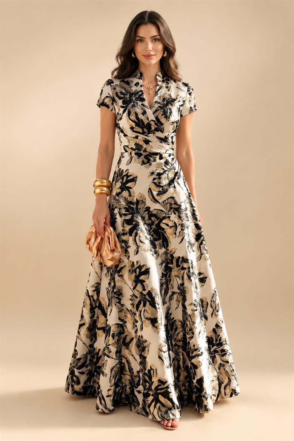 Jacquard A-Line/Princess V-Neck Floor-Length Mother of the Bride & Groom Dresses with Ruched Waist (SHI22501061)