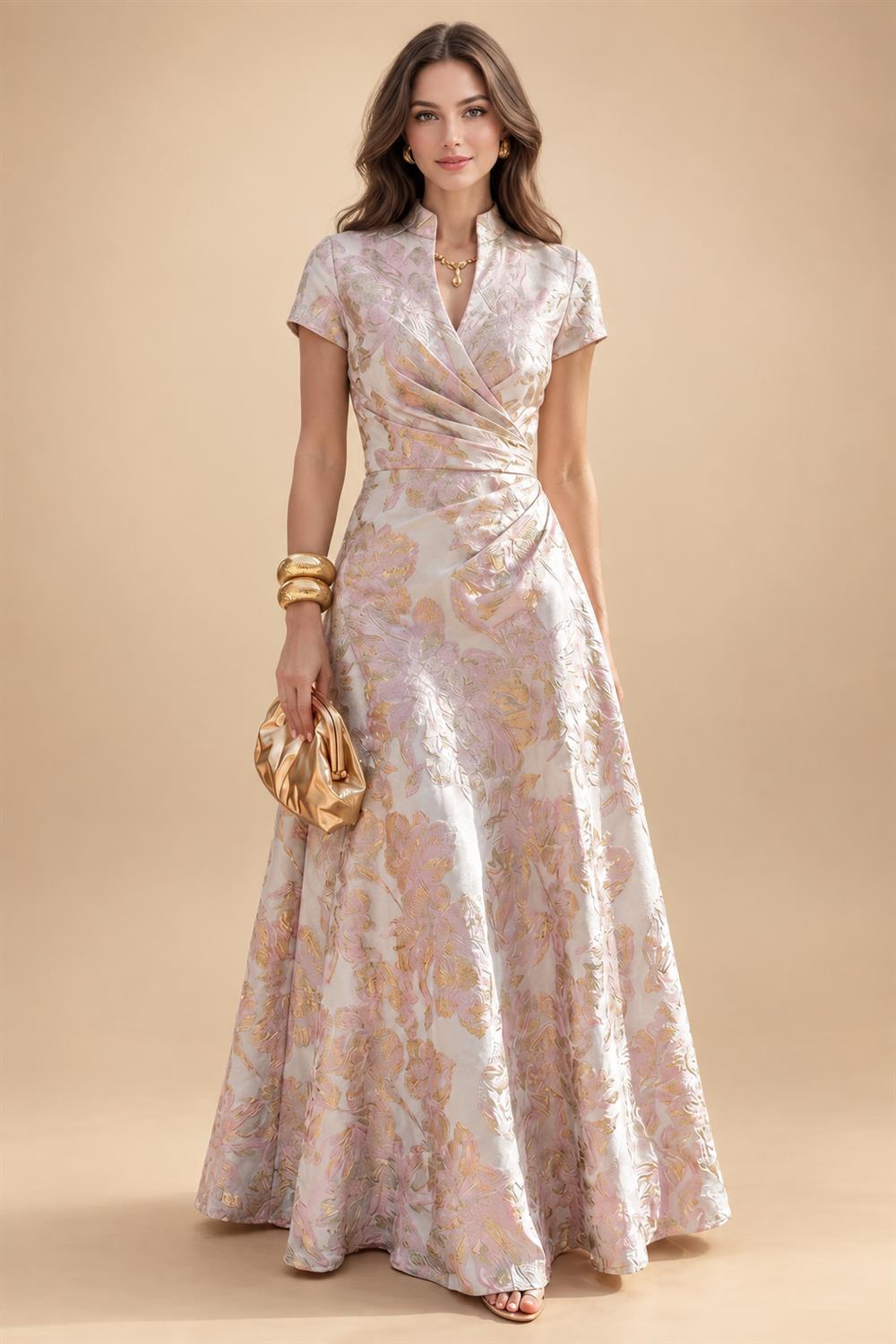 Jacquard A-Line/Princess V-Neck Floor-Length Mother of the Bride & Groom Dresses with Ruched Waist (SHI22501061)