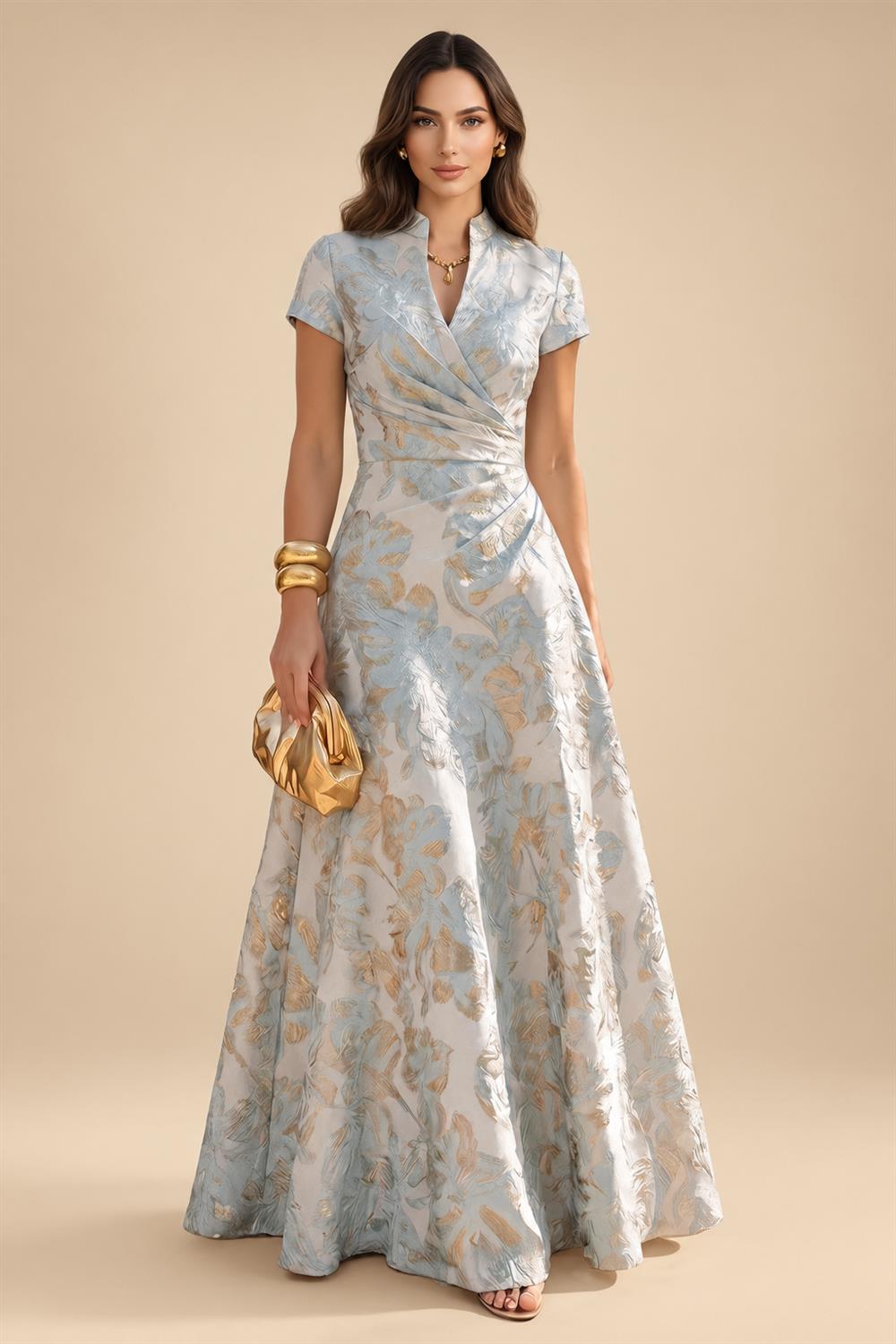 Jacquard A-Line/Princess V-Neck Floor-Length Mother of the Bride & Groom Dresses with Ruched Waist (SHI22501061)