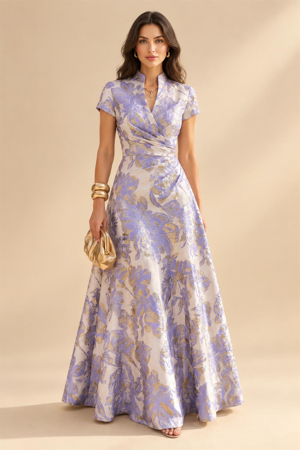 Jacquard A-Line/Princess V-Neck Floor-Length Mother of the Bride & Groom Dresses with Ruched Waist (SHI22501061)