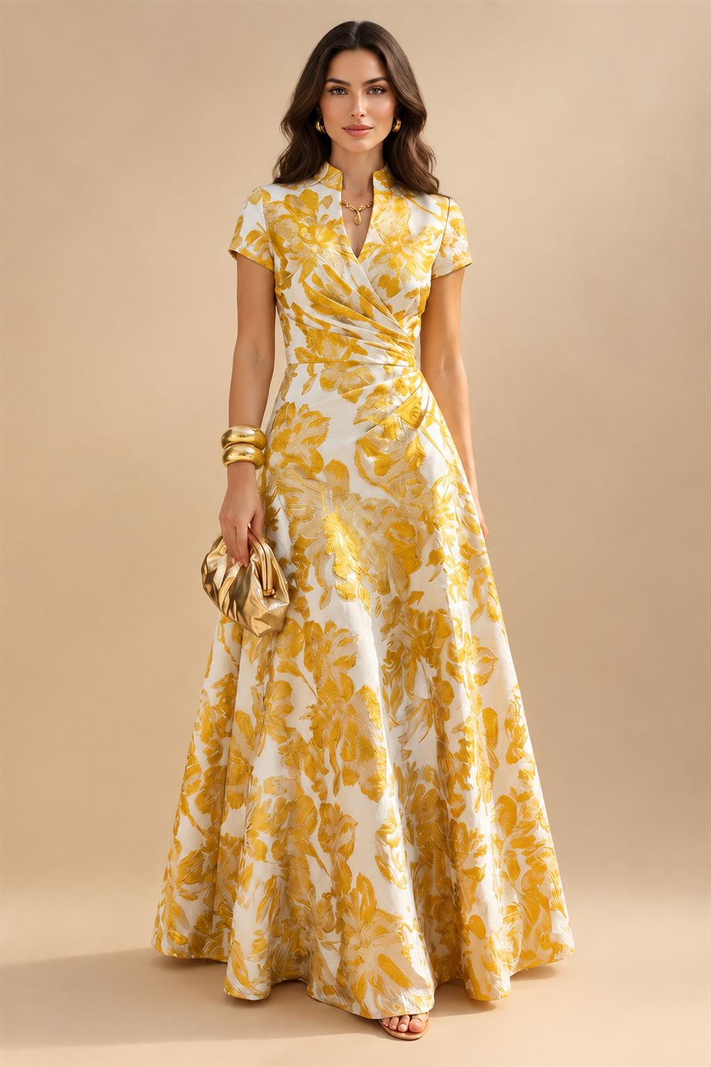 Jacquard A-Line/Princess V-Neck Floor-Length Mother of the Bride & Groom Dresses with Ruched Waist (SHI22501061)
