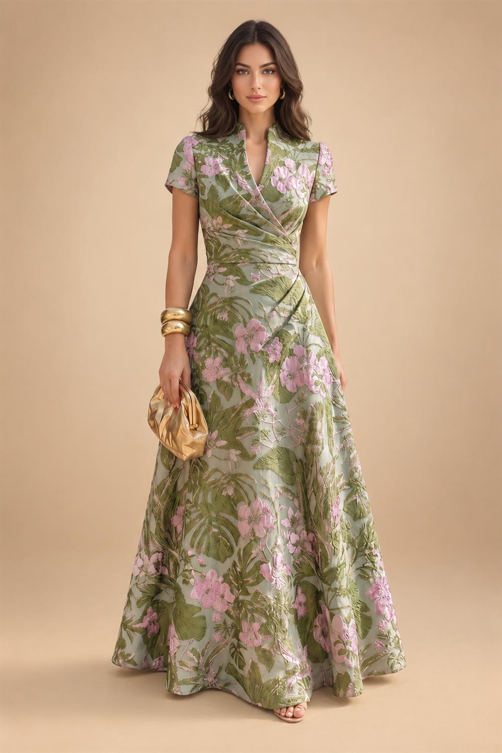 Jacquard A-Line/Princess V-Neck Floor-Length Mother of the Bride & Groom Dresses with Ruched Waist (SHI22501061)