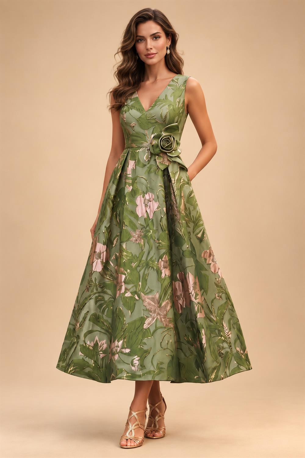 Jacquard A-Line/Princess V-Neck Tea-Length Mother of the Bride & Groom Dresses with Ruched Waist (SHI22501056)