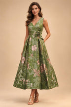 Jacquard A-Line/Princess V-Neck Tea-Length Mother of the Bride & Groom Dresses with Ruched Waist (SHI22501056)