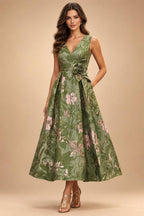 Jacquard A-Line/Princess V-Neck Tea-Length Mother of the Bride & Groom Dresses with Ruched Waist (SHI22501056)