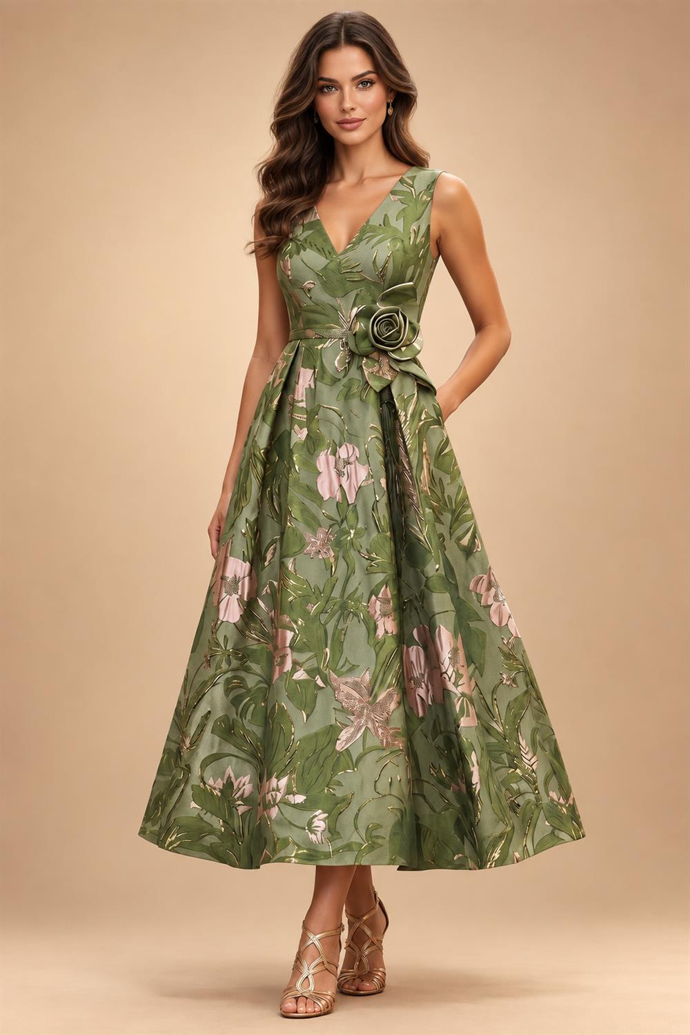Jacquard A-Line/Princess V-Neck Tea-Length Mother of the Bride & Groom Dresses with Ruched Waist (SHI22501056)
