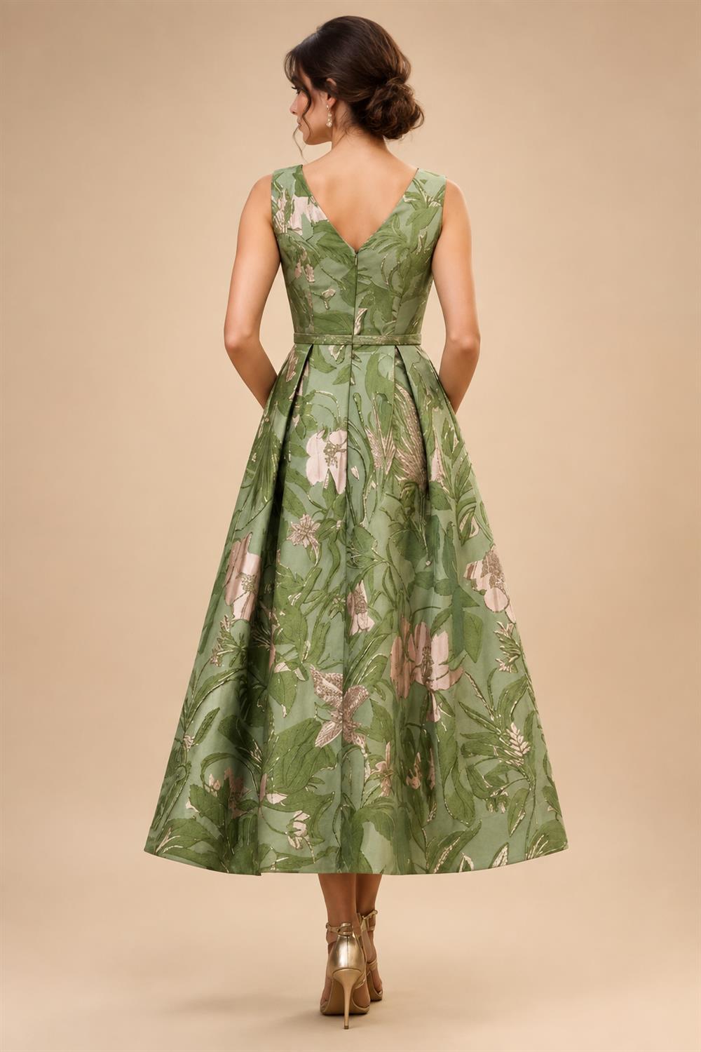Jacquard A-Line/Princess V-Neck Tea-Length Mother of the Bride & Groom Dresses with Ruched Waist (SHI22501056)